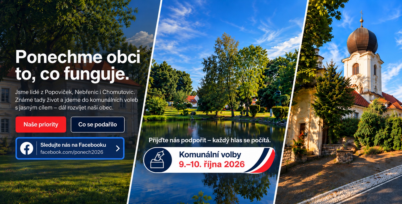 PoNeCh – úvodní banner ke komunálním volbám 2026 pro Popovičky, Nebřenice a Chomutovice
